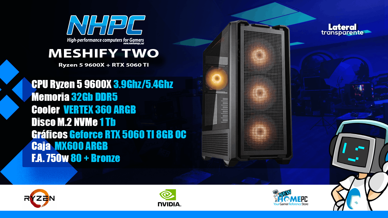PC gaming NHPC Meshify TWO - Ryzen 5 9600X - 5060 TI - 32GB - 1TB
